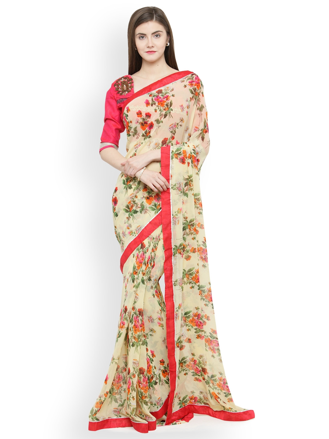 

Shaily Beige Floral Print Pure Georgette Saree