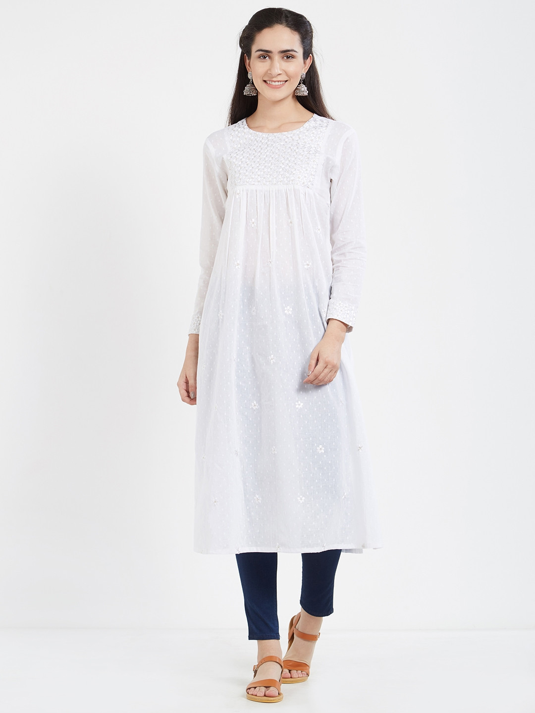 

Desi Weavess Women White Embroidered A-Line Kurta