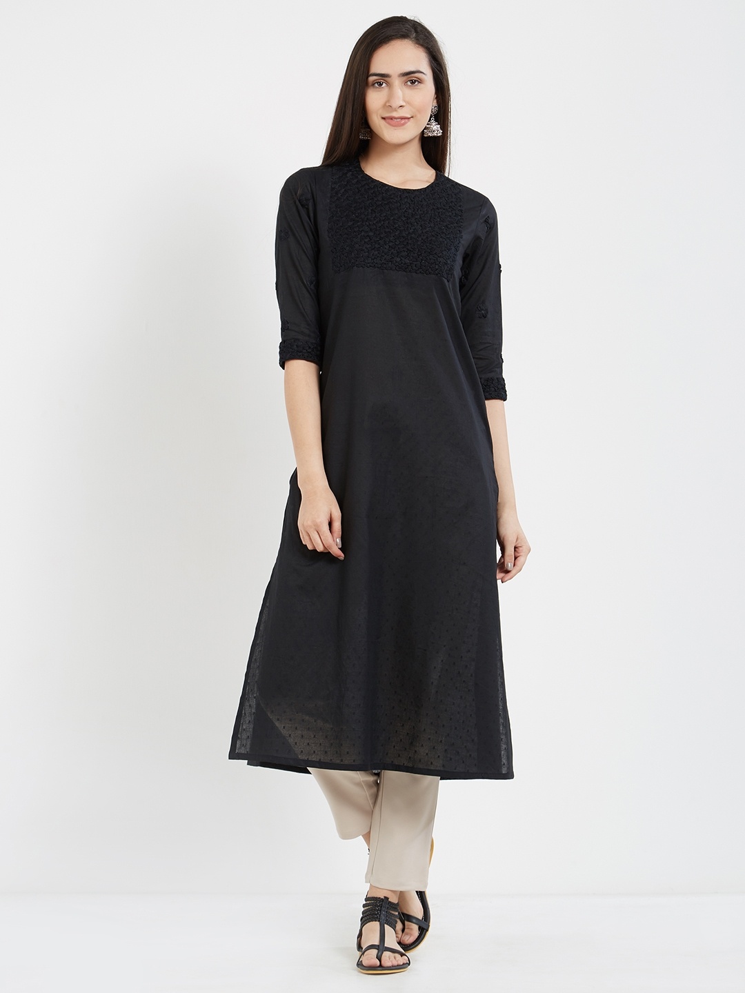 

Desi Weaves Women Black Embroidered A-Line Kurta