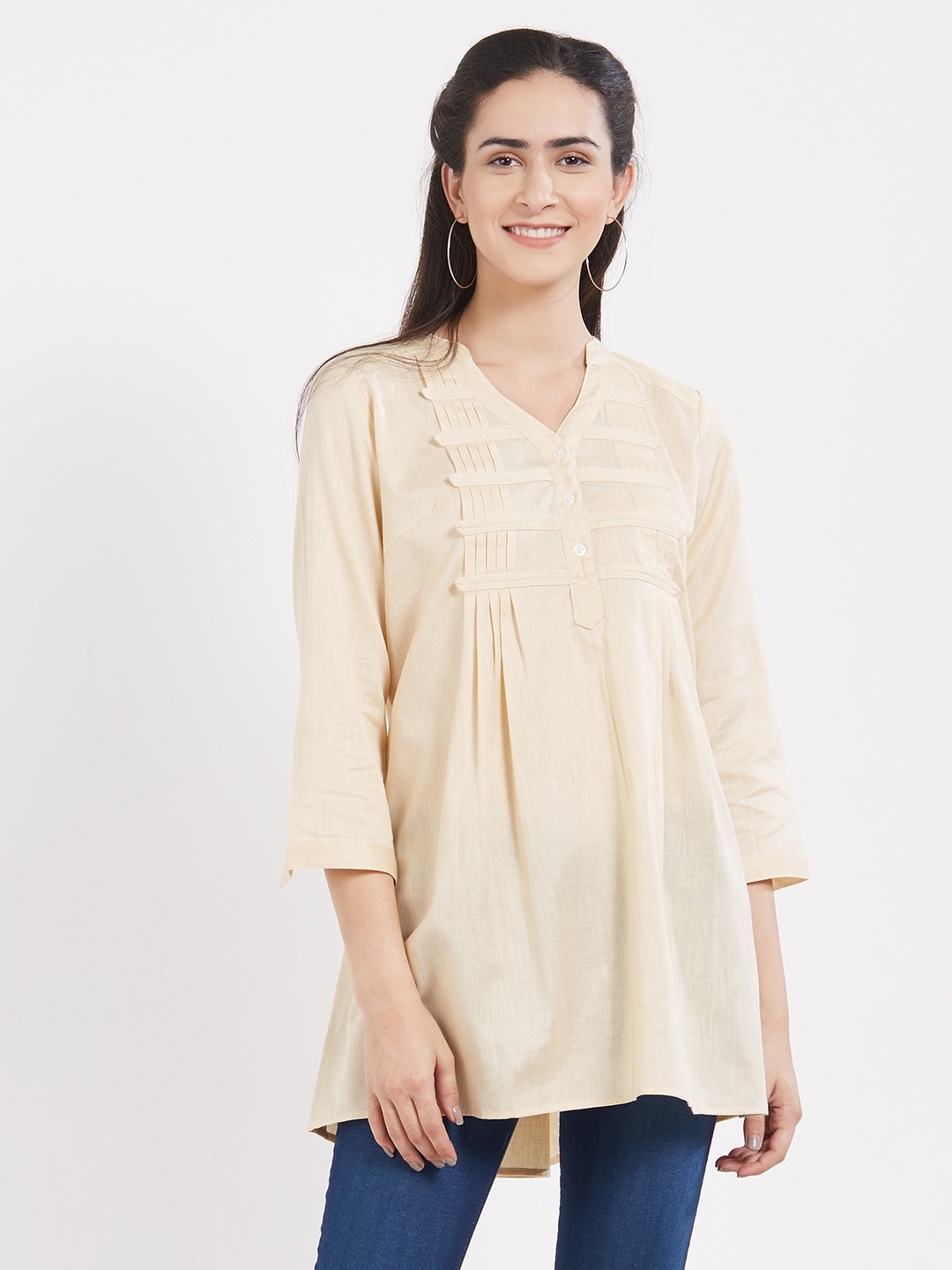 

Desi Weavess Women Cream-Coloured Solid A-Line Top