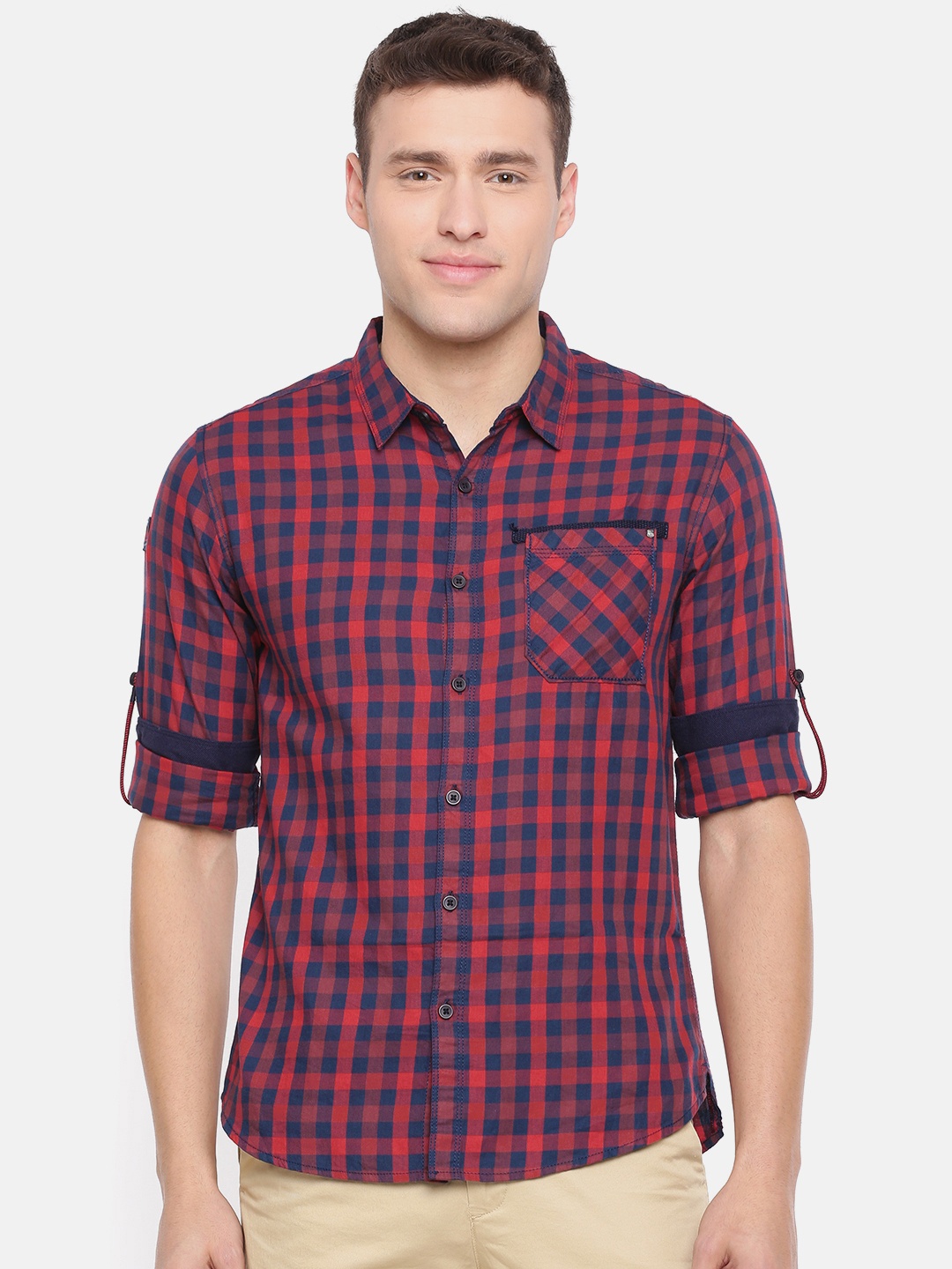 

SPYKAR Men Red & Navy Blue Slim Fit Checked Casual Shirt