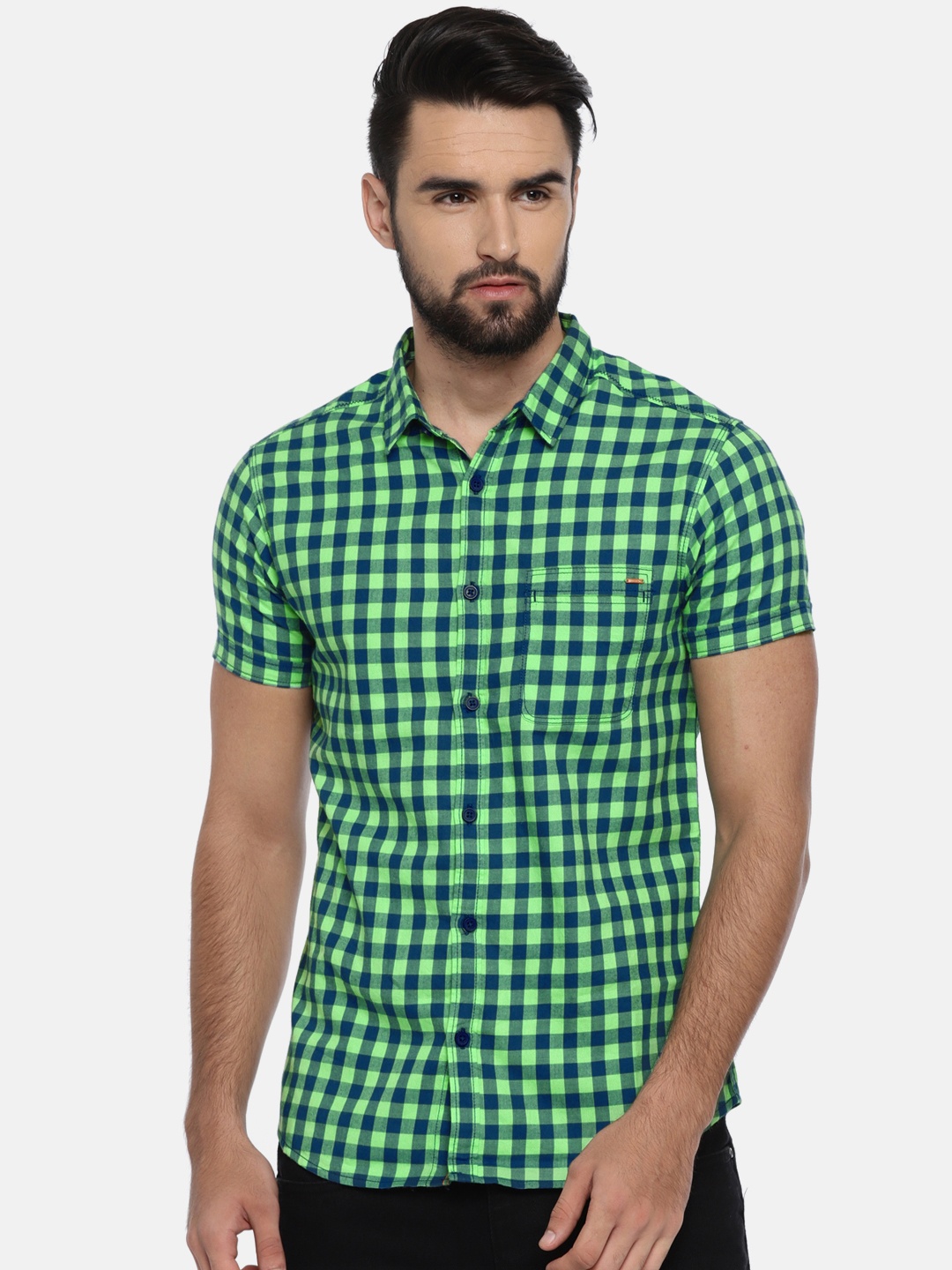 

SPYKAR Men Navy Blue & Green Slim Fit Checked Casual Shirt