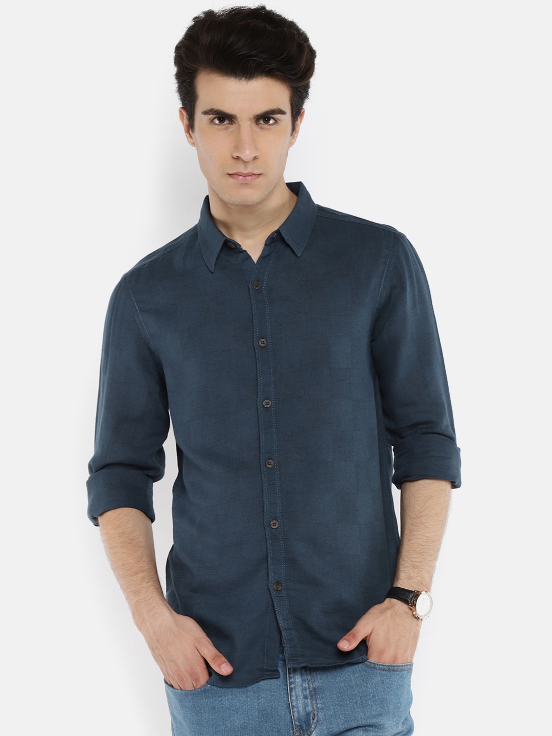 

SPYKAR Men Navy Slim Fit Checked Casual Shirt, Navy blue