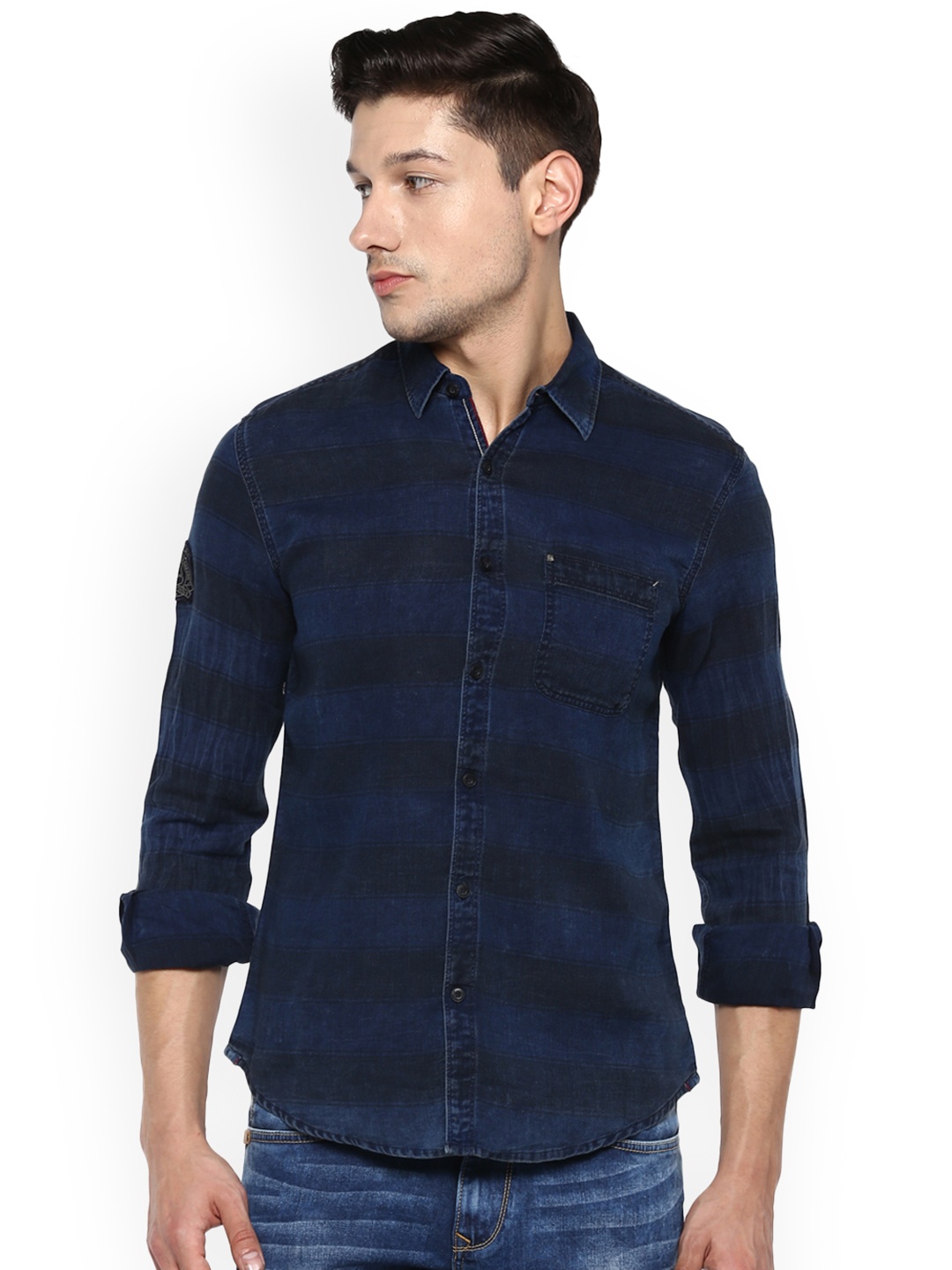 

SPYKAR Men Navy Blue Slim Fit Striped Casual Shirt