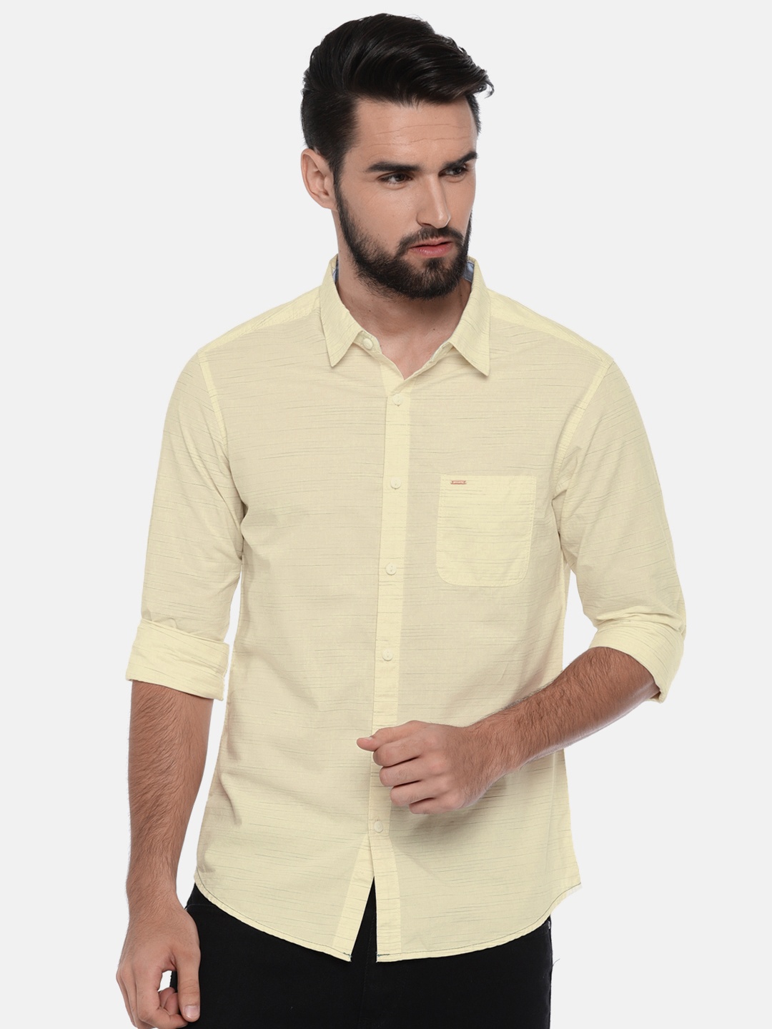 

SPYKAR Men Yellow Slim Fit Striped Casual Shirt