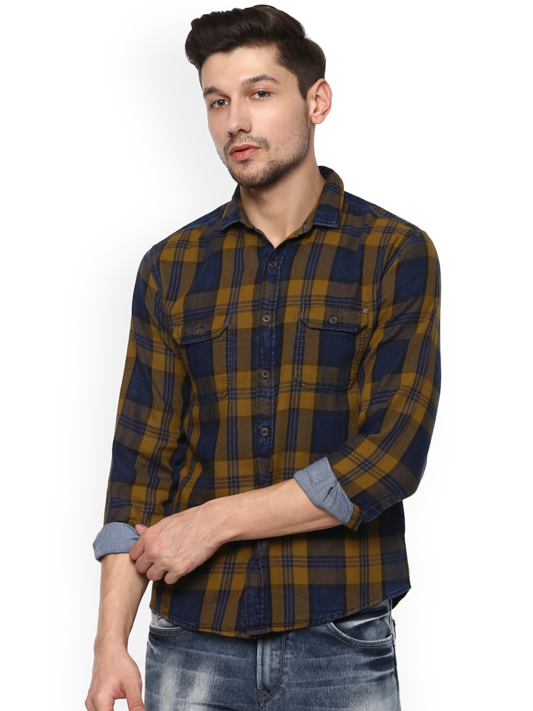 

SPYKAR Men Mustard Yellow & Navy Blue Slim Fit Checked Casual Shirt