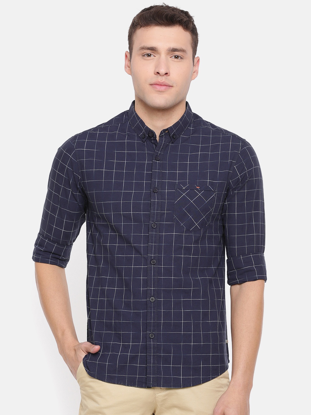 

SPYKAR Men Navy Blue & White Slim Fit Checked Casual Shirt