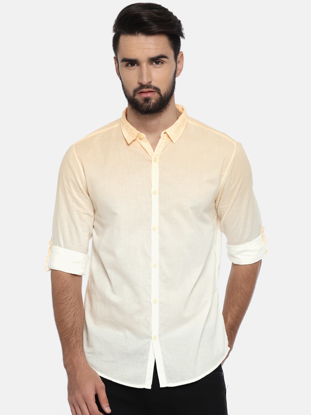 

SPYKAR Men Peach-Coloured & White Slim Fit Faded Casual Shirt