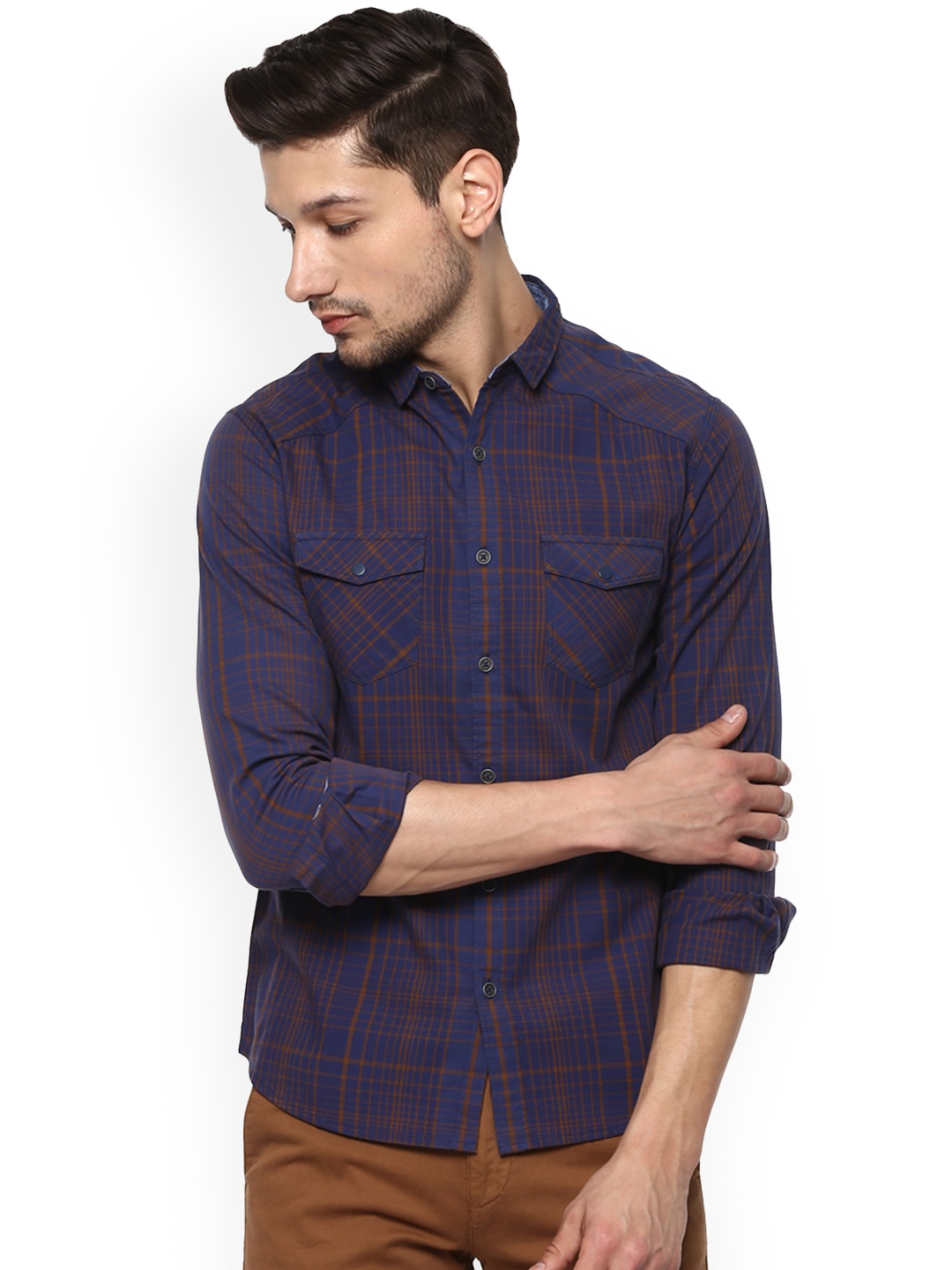 

SPYKAR Men Blue & Rust Slim Fit Checked Casual Shirt