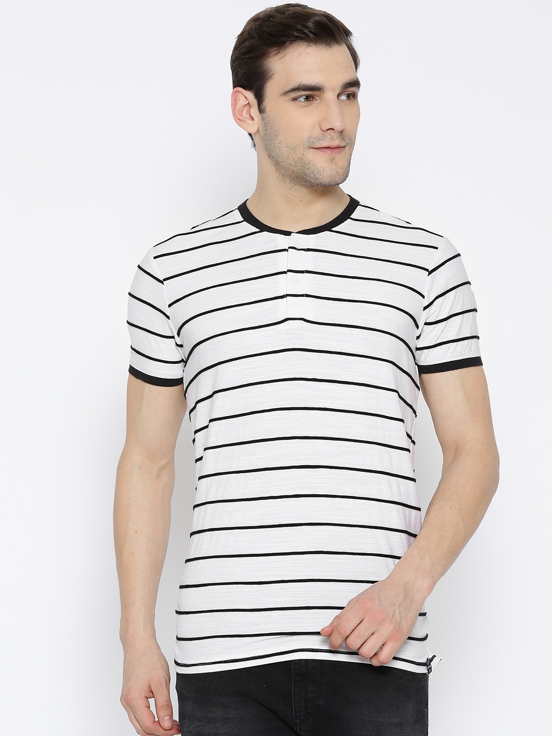 

SPYKAR Men White Striped Slim Fit Henley Neck Pure Cotton T-shirt