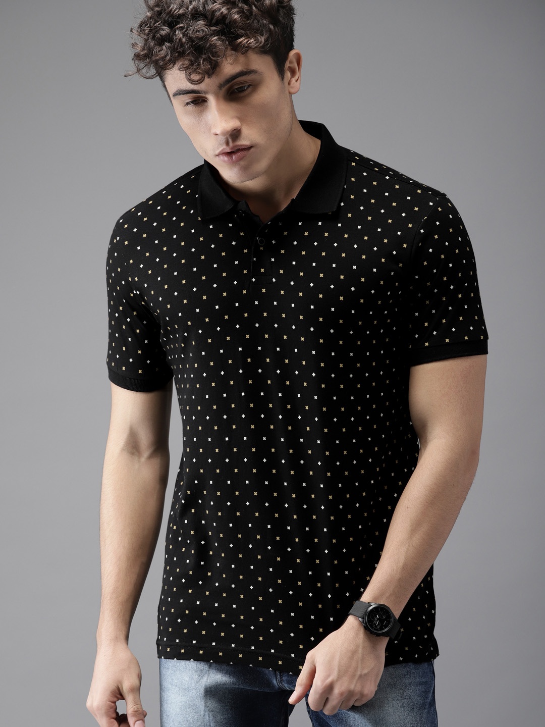 

HERE&NOW Men Black Printed Polo Collar T-shirt