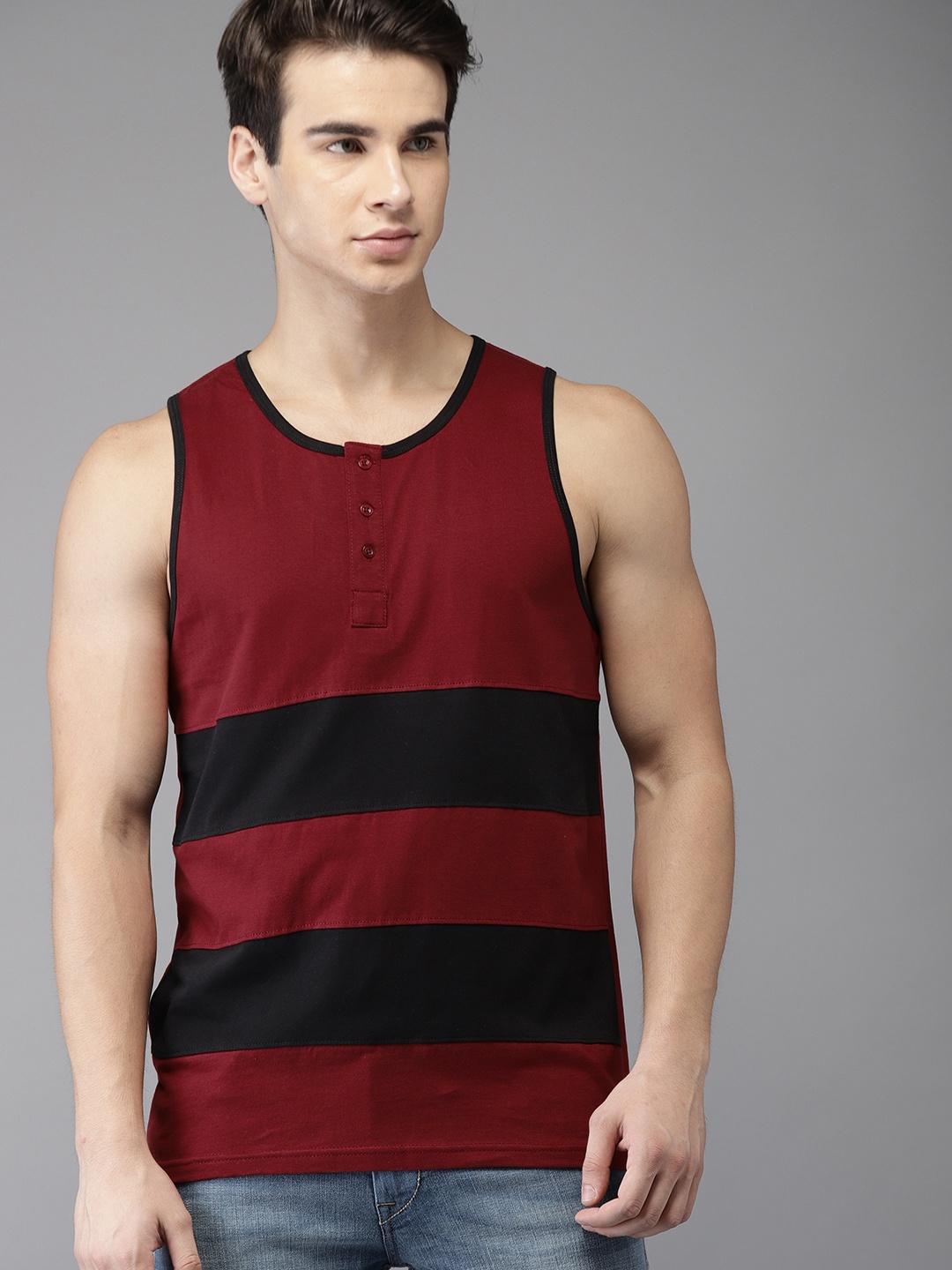 

HERE&NOW Men Maroon Striped Henley T-shirt