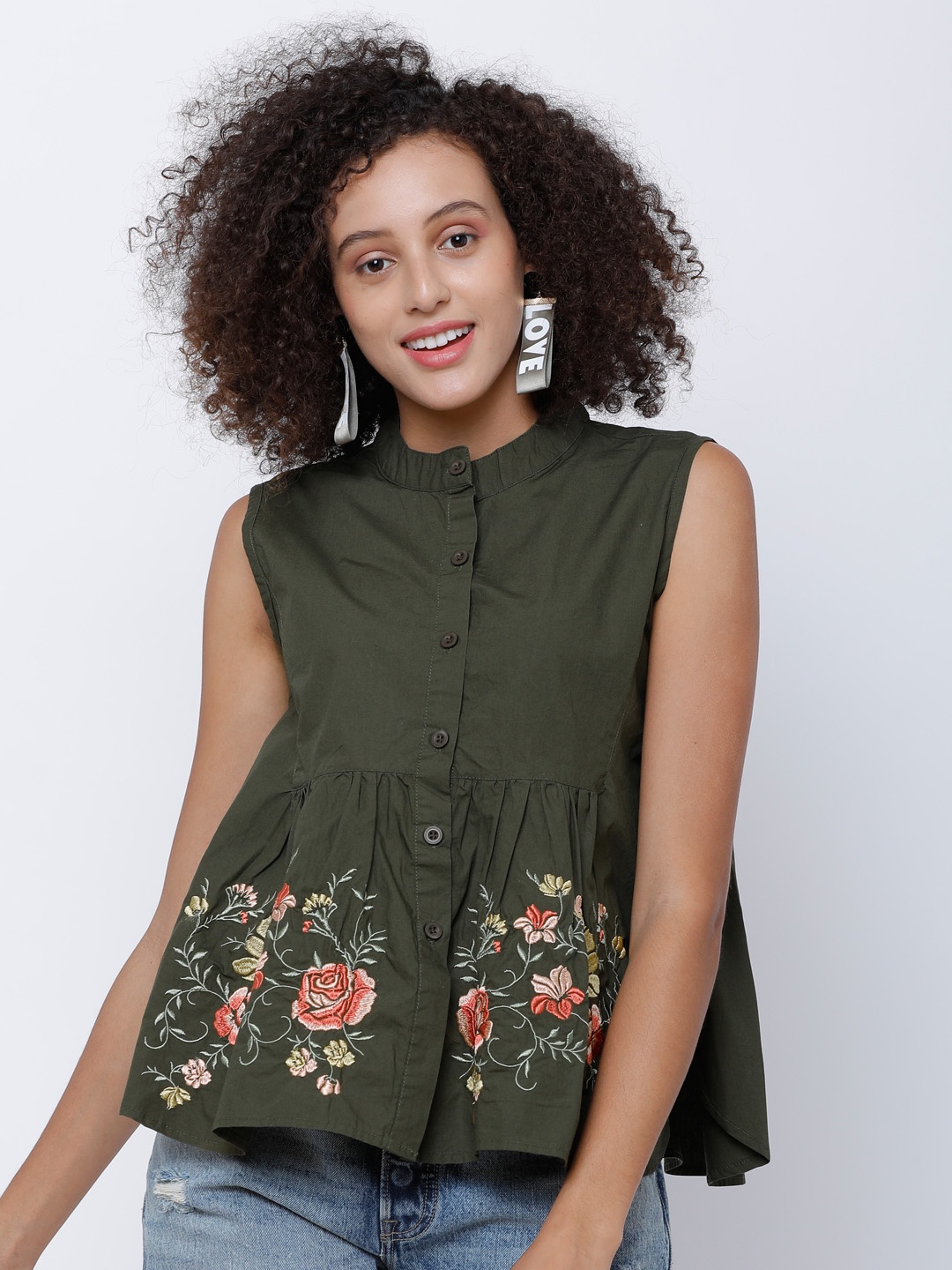 

Tokyo Talkies Women Olive Green Self Design Peplum Pure Cotton Top