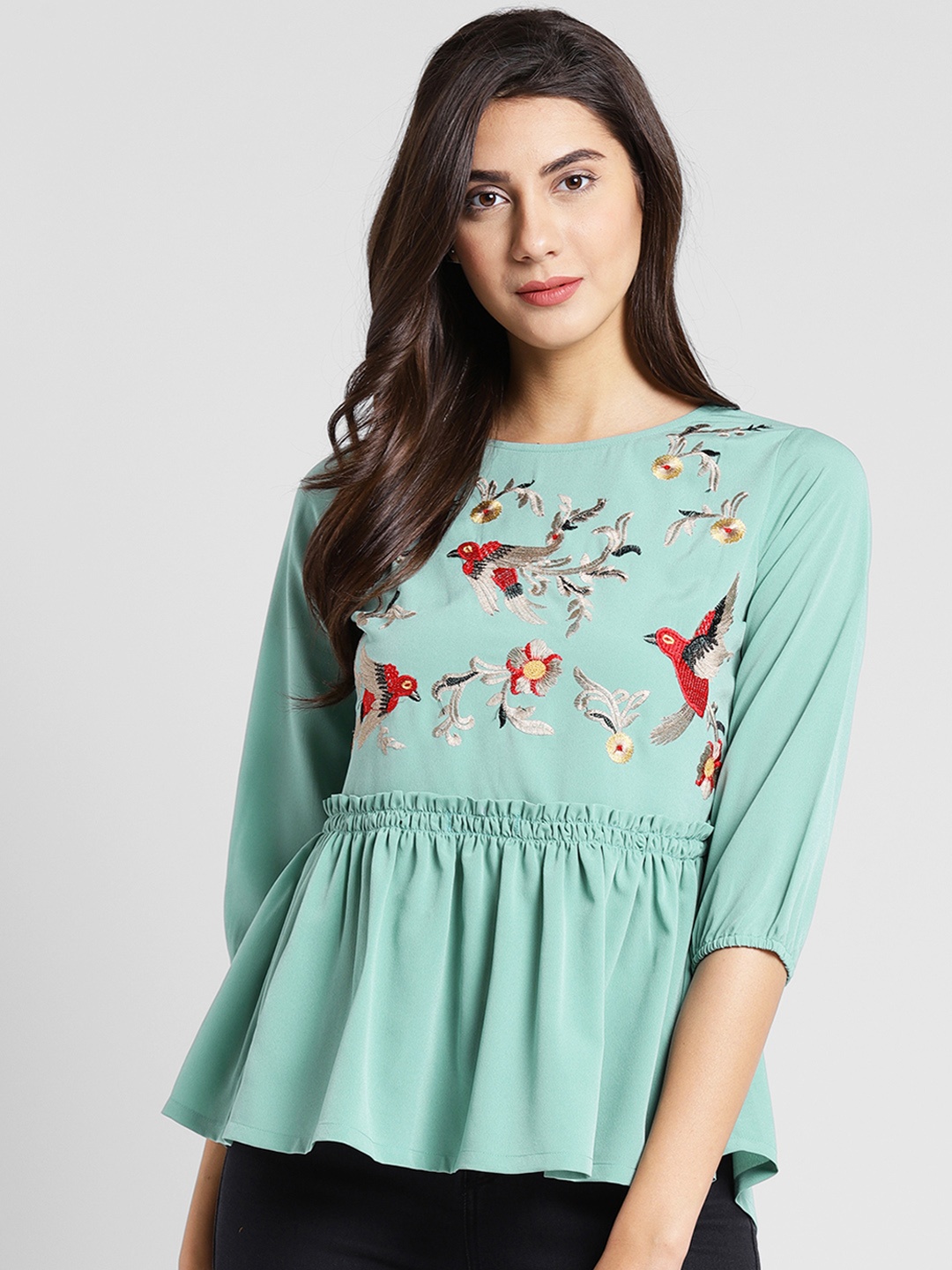 

plusS Studio Women Sea Green Self Design Peplum Top