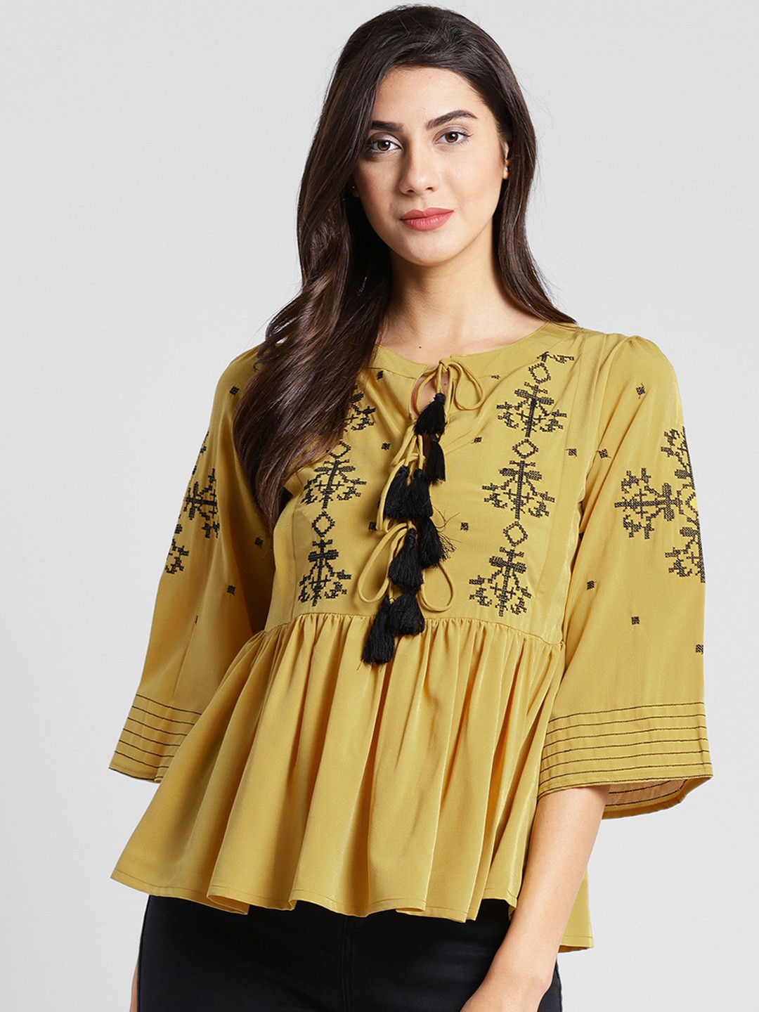 

plusS Studio Mustard Brown Embroidered A-Line Top