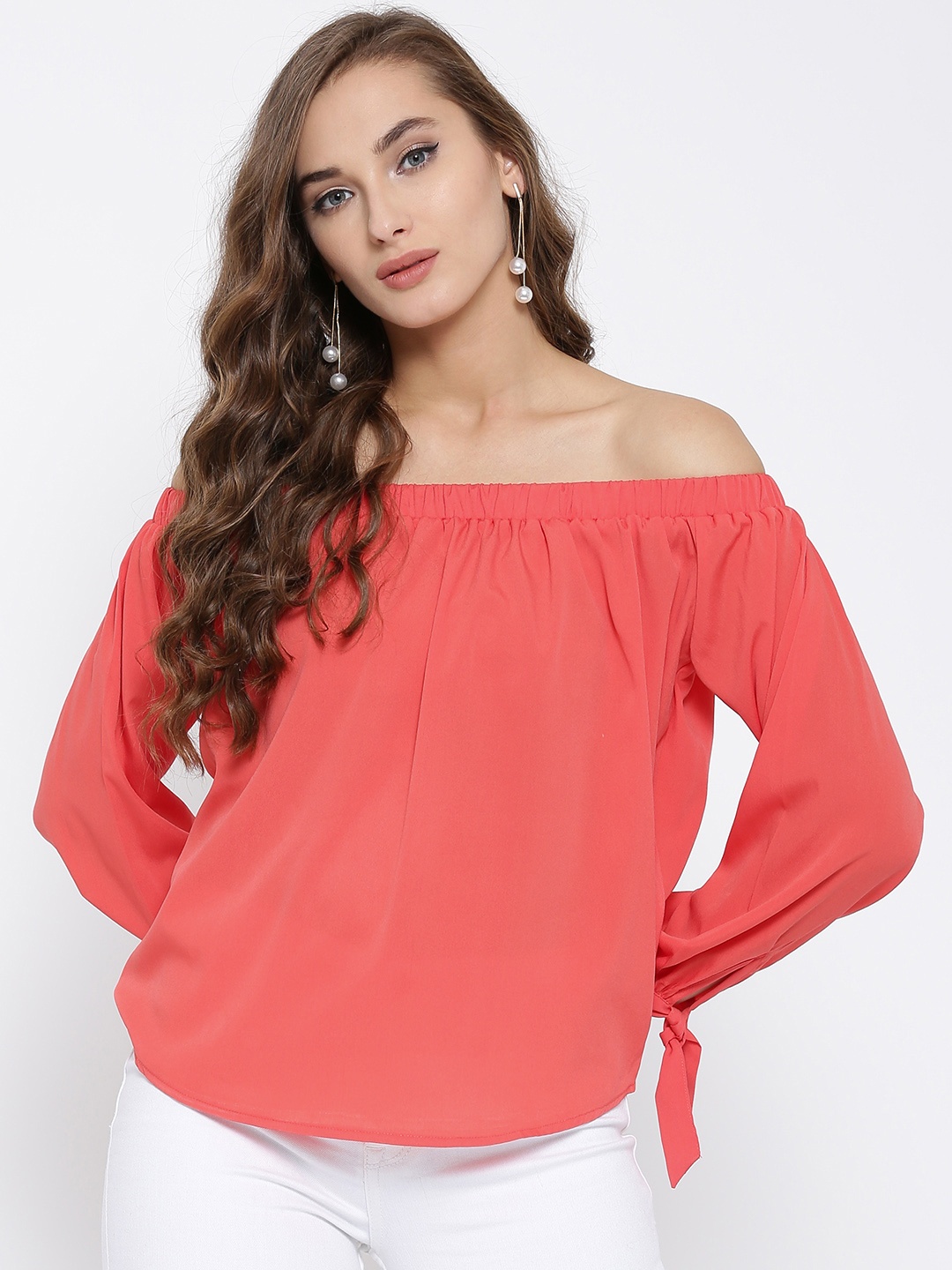 

Sera Women Coral Pink Solid Bardot Top