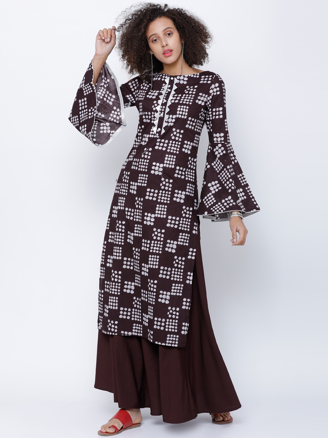 

Vishudh Women Burgundy & Grey Printed Straight Kurta