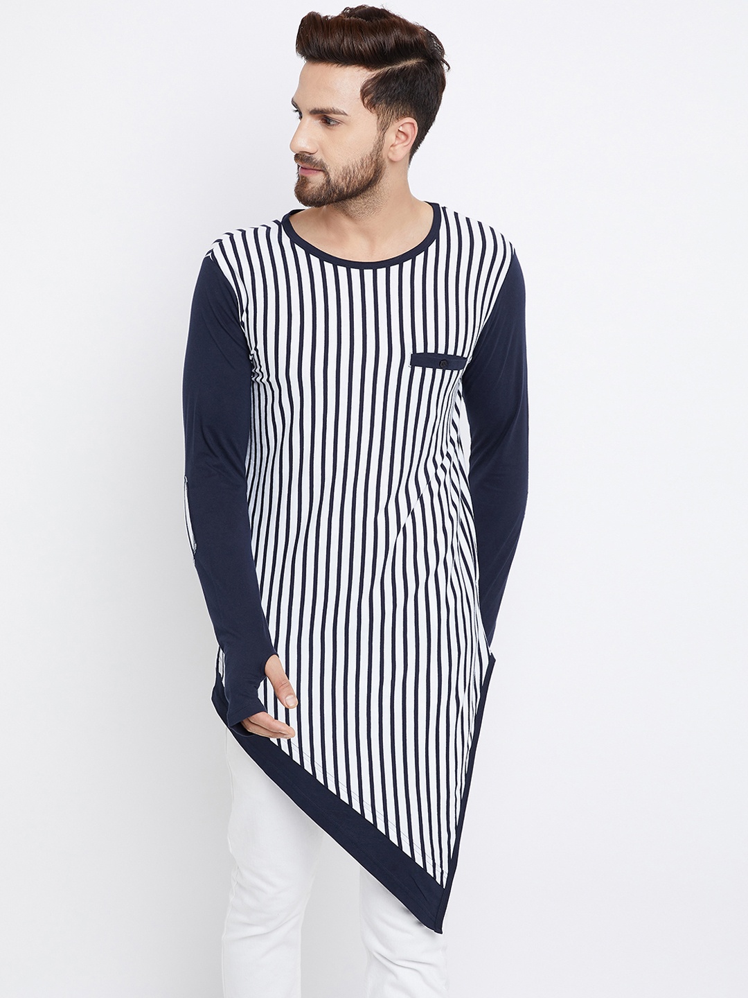 

Hypernation Men White Striped Round Neck T-shirt