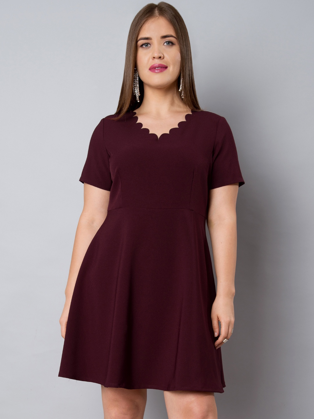 

FabAlley Curve Plus Size Women Maroon Solid Fit and Flare Dress