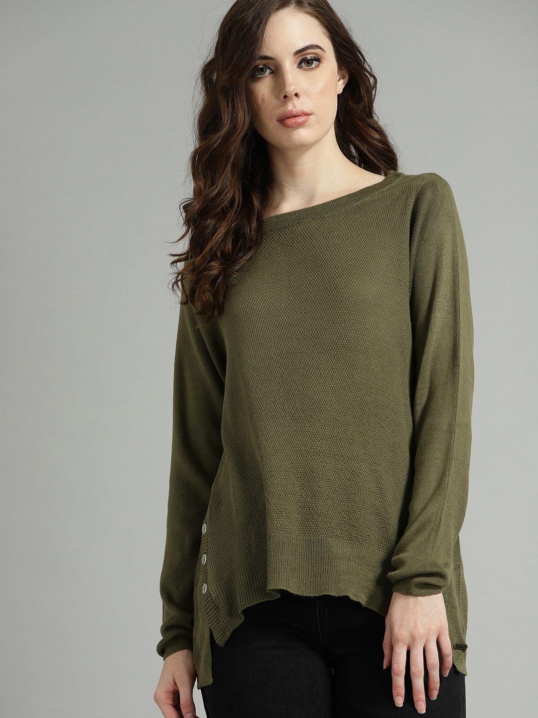 

Roadster Women Olive Green Solid Sweater