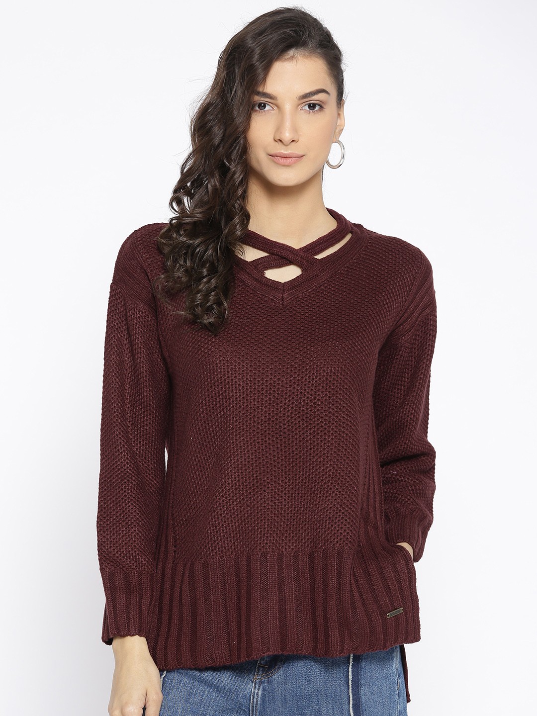 

Roadster Women Wine-Coloured Solid Pullover, Burgundy