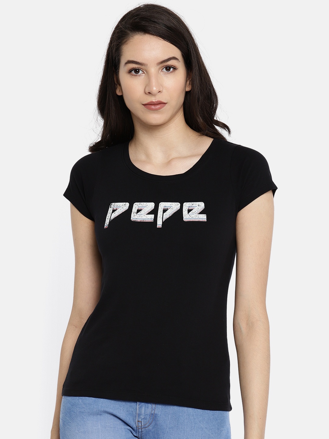 

Pepe Jeans Women Black Printed Scoop Neck T-shirt