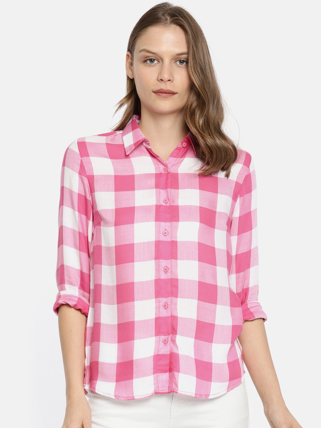 

Pepe Jeans Women Pink & White Regular Fit Checked Casual Shirt