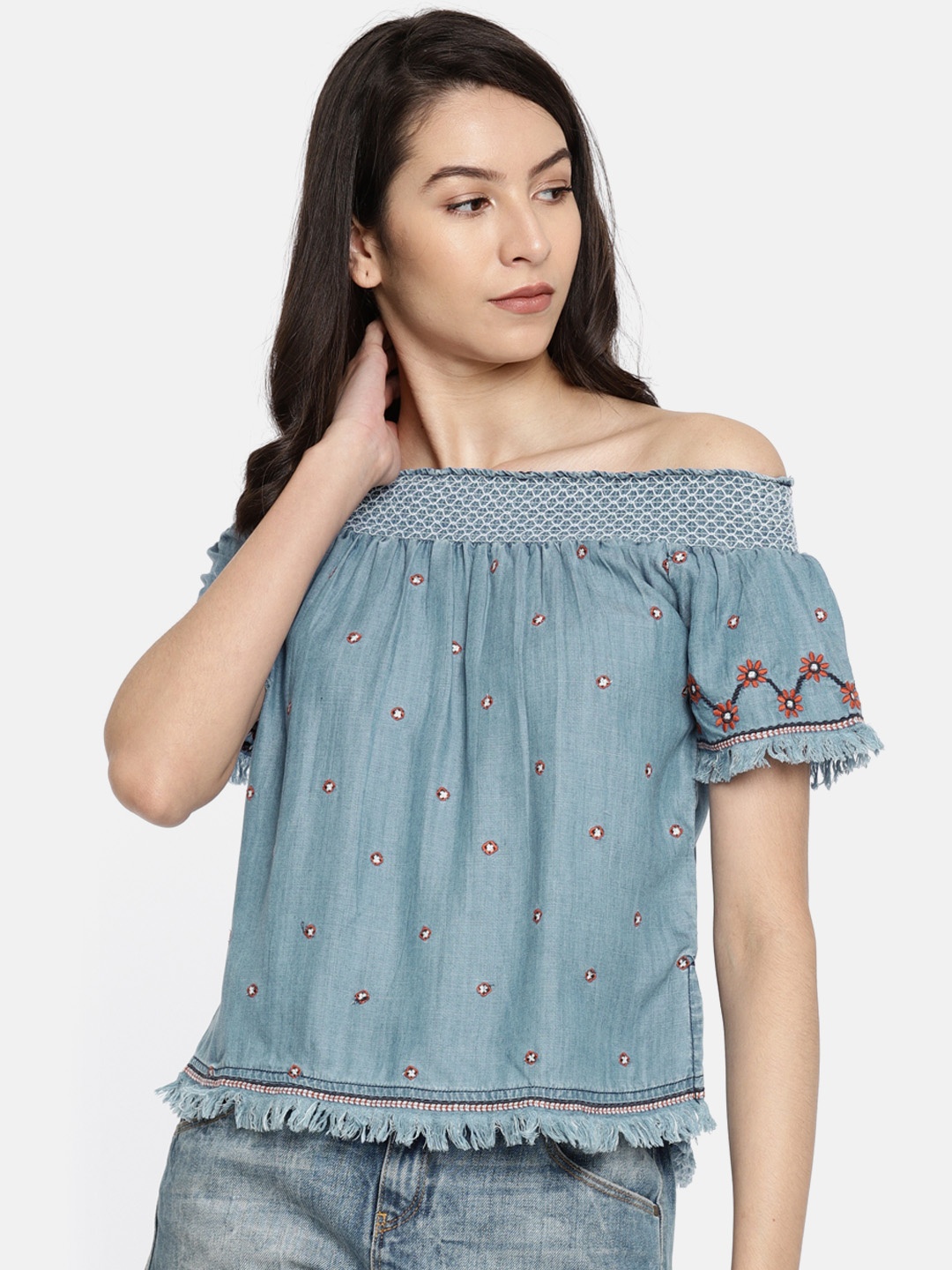 

Pepe Jeans Women Blue Self Design Pure Cotton Top