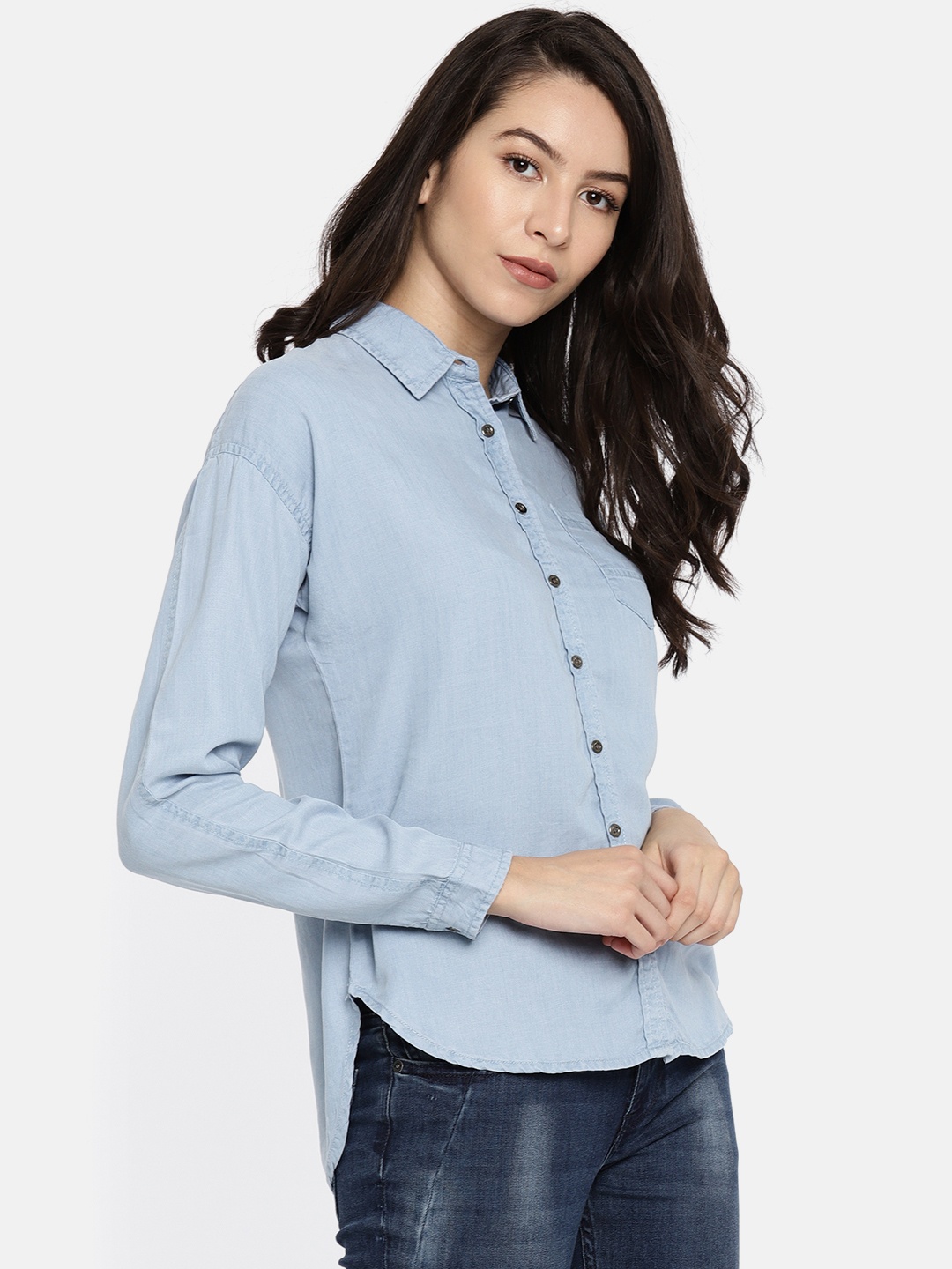 

Pepe Jeans Women Blue Regular Fit Solid Casual Denim Shirt