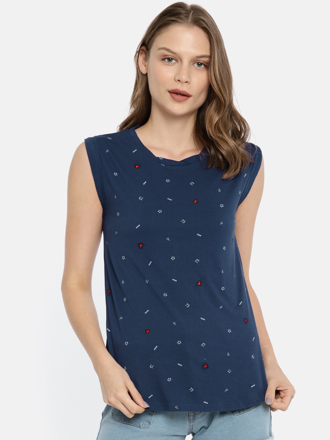 

Pepe Jeans Women Navy Blue Printed Round Neck Pure Cotton T-shirt