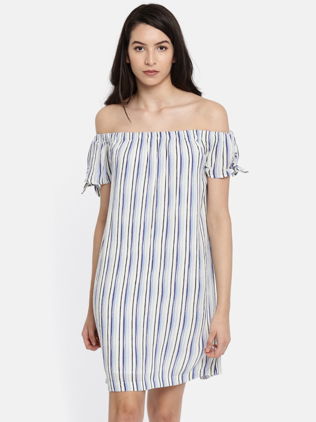

Pepe Jeans Women Off-White & Blue Striped Bardot Dress