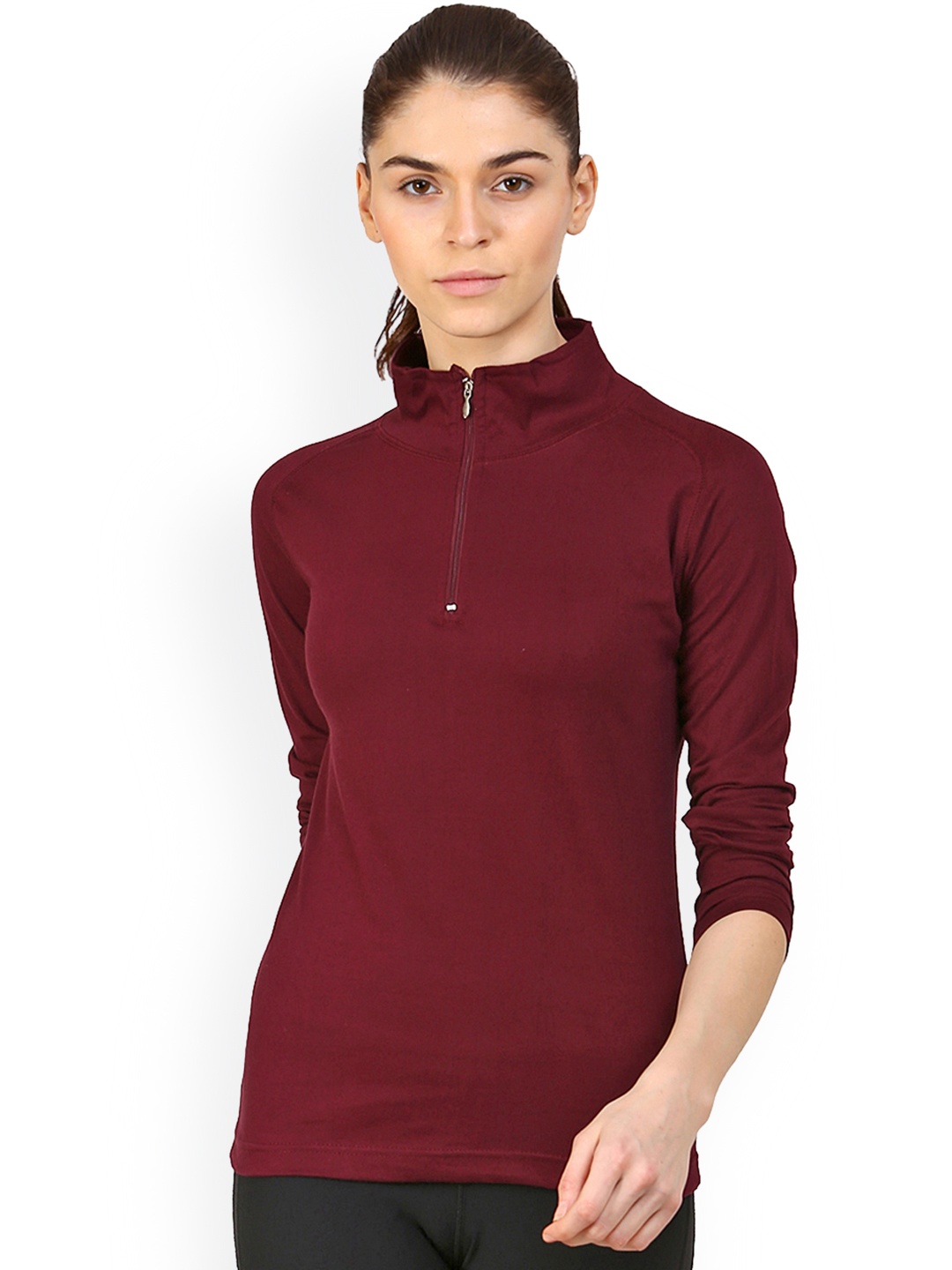 

appulse Women Maroon Solid High Neck T-shirt