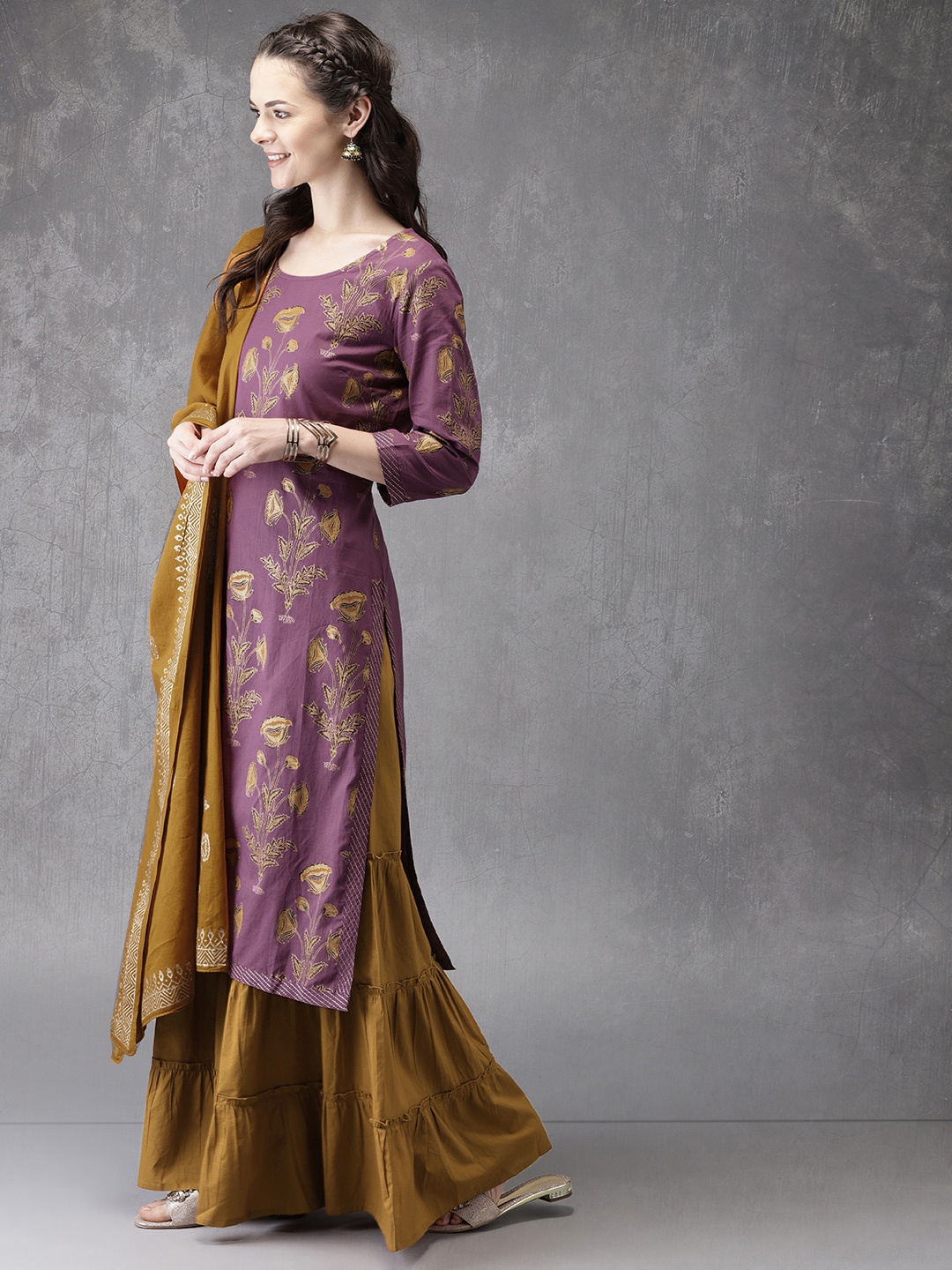 

Anouk Women Purple & Mustard Yellow Printed Kurta with Sharara & Dupatta
