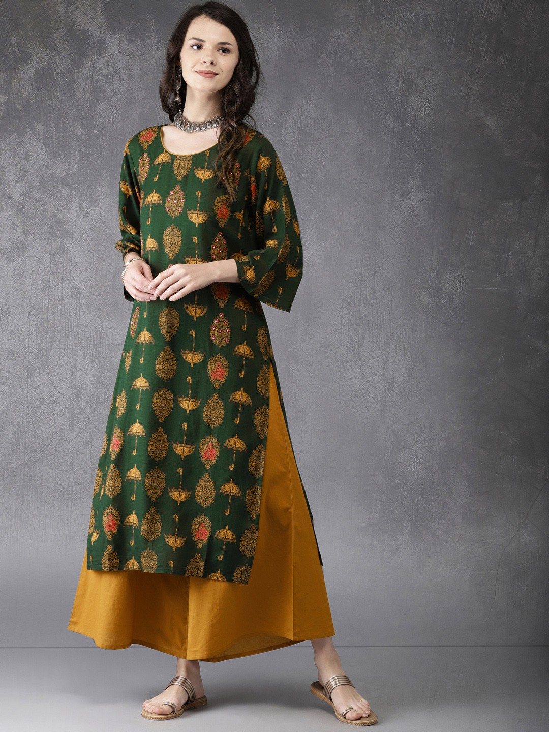 

Anouk Women Green & Mustard Printed Kurta with Palazzos