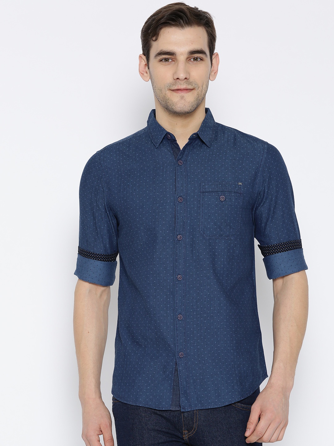 

SPYKAR Men Blue Slim Fit Self-Design Casual Shirt