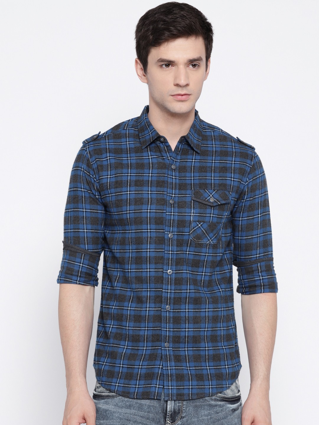 

SPYKAR Men Blue & Grey Regular Fit Checked Casual Shirt