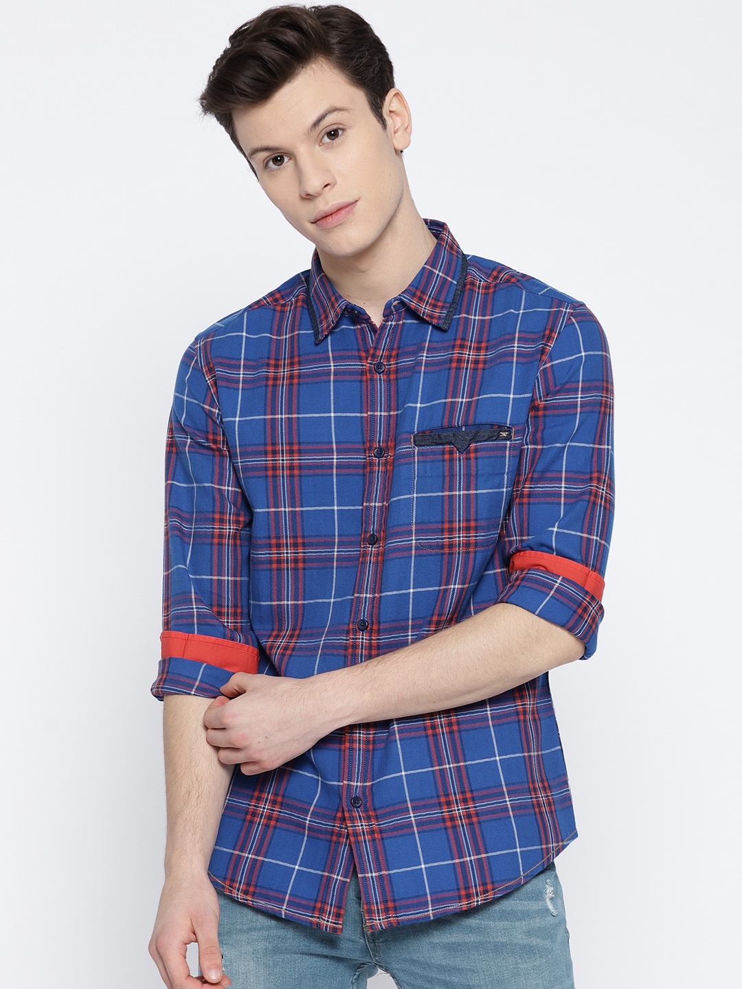 

SPYKAR Men Blue & Orange Regular Fit Checked Casual Shirt
