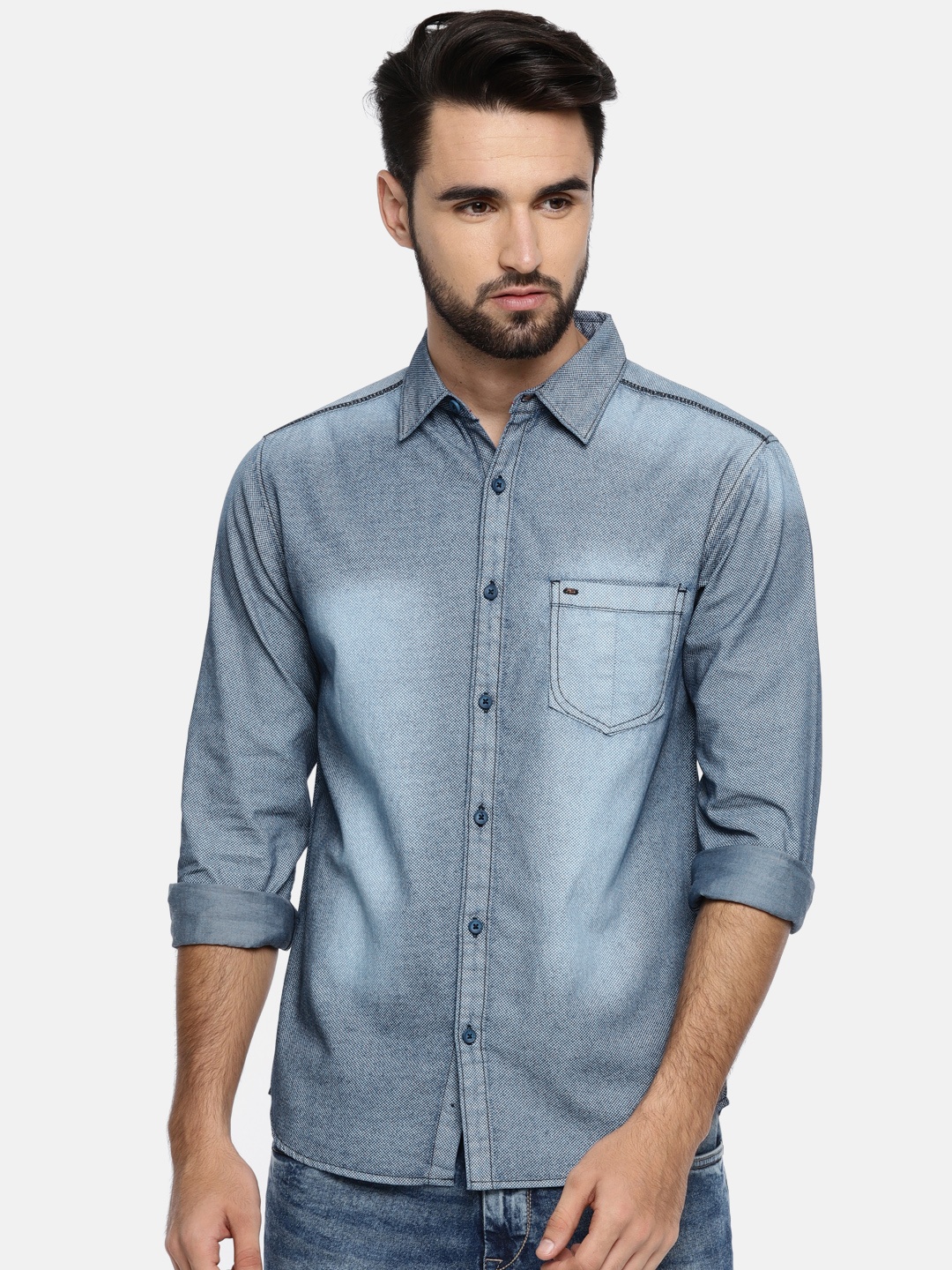 

SPYKAR Men Blue Regular Fit Checked Chambray Casual Shirt