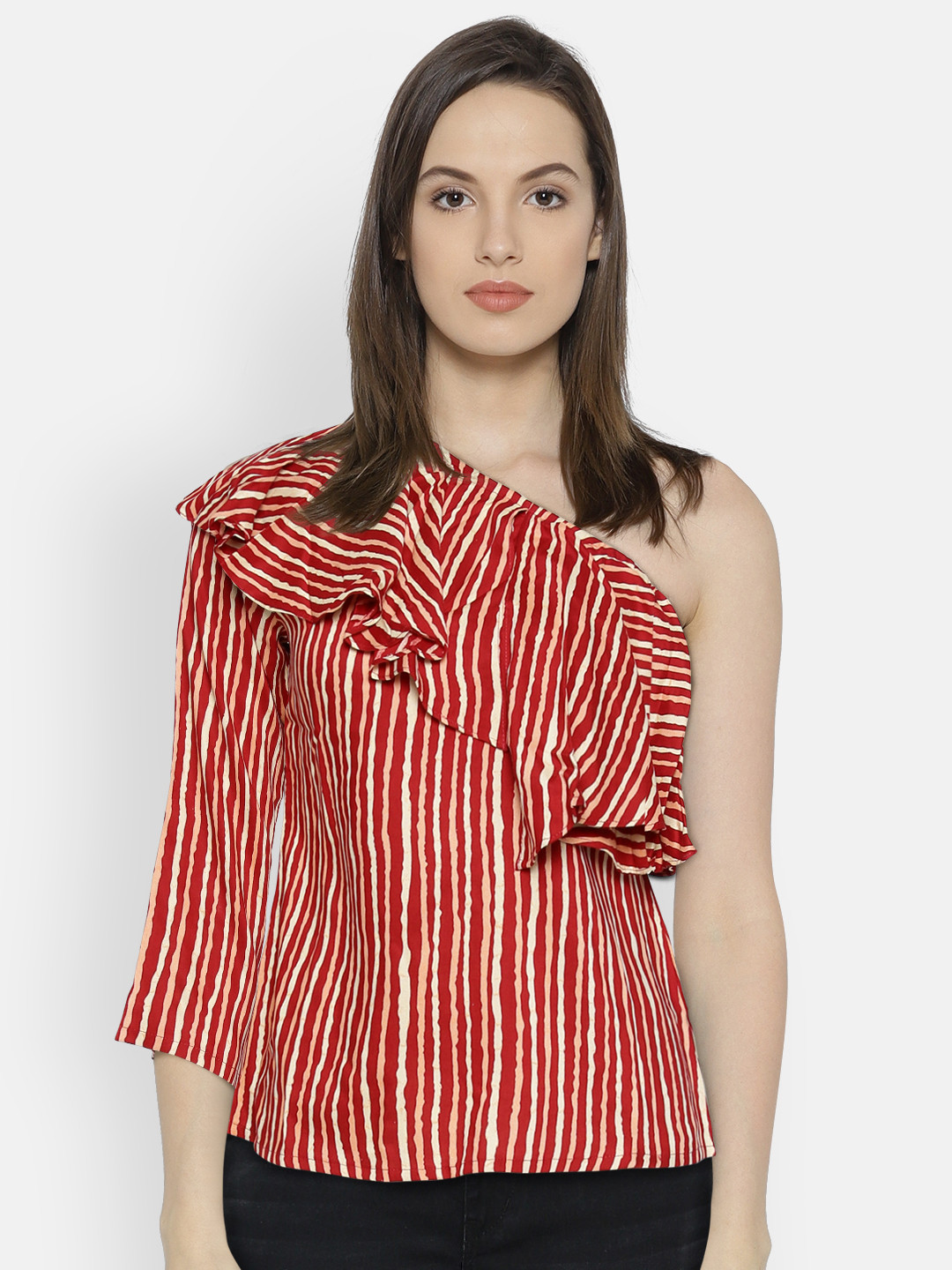

Global Desi Women Maroon & Beige Striped Top