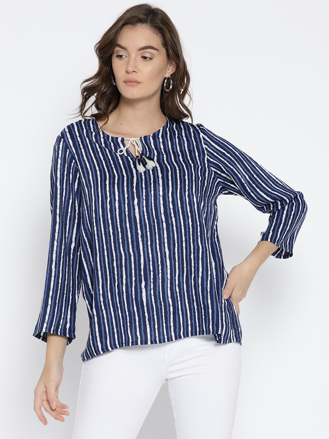 

Global Desi Women Blue & White Striped Top