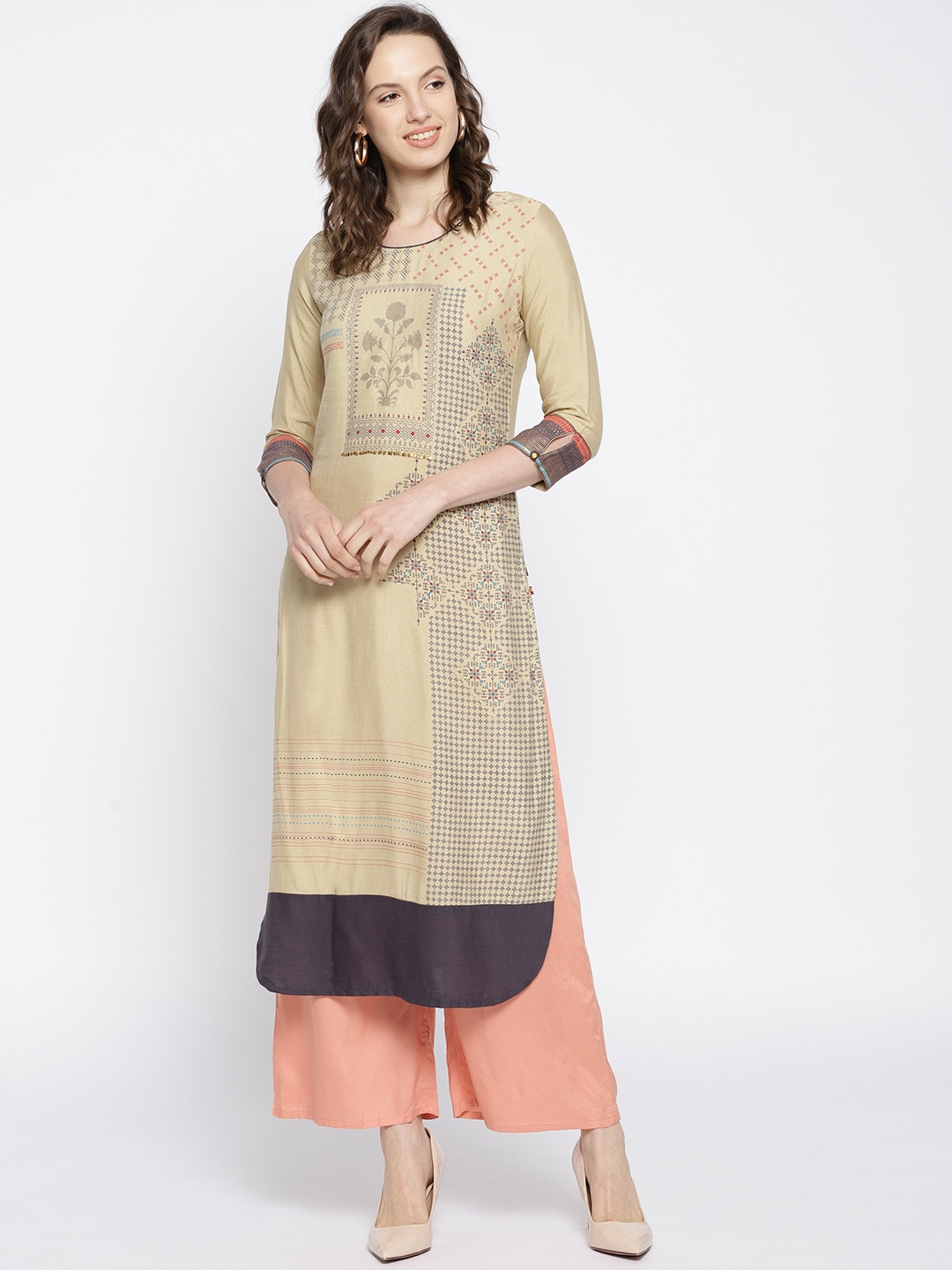 

Span Women Beige & Grey Printed Straight Kurta