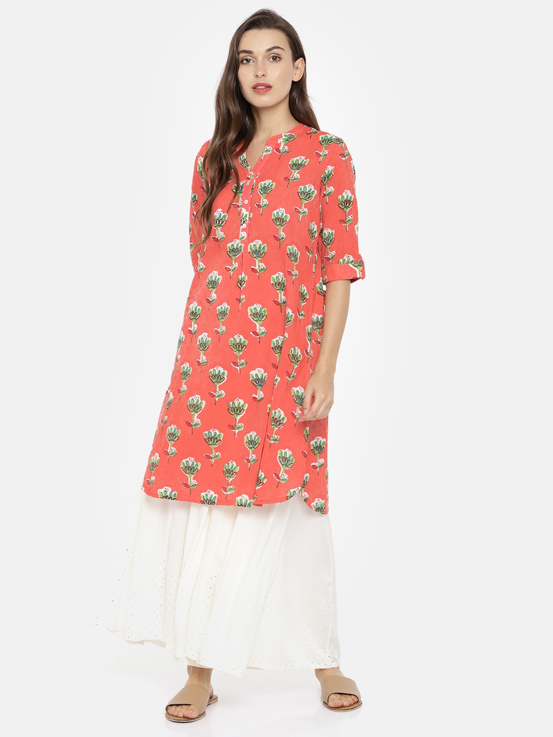 

Global Desi Women Peach-Coloured Floral Printed Straight Kurta