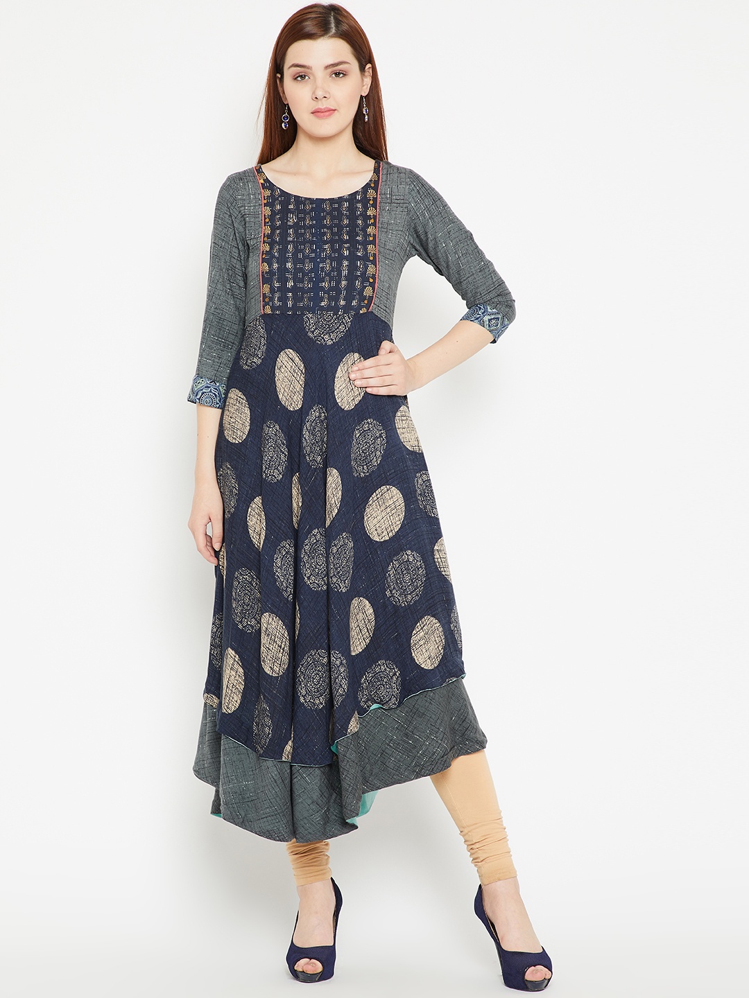 

Span Women Grey Printed Asymmetric A-Line Kurta