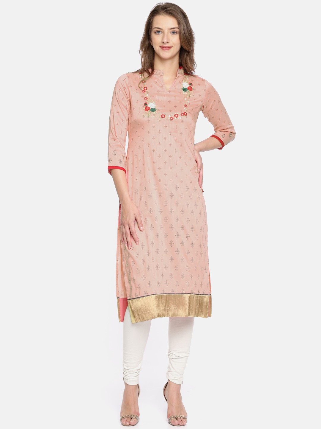 

Span Women Coral Pink Printed Straight Kurta