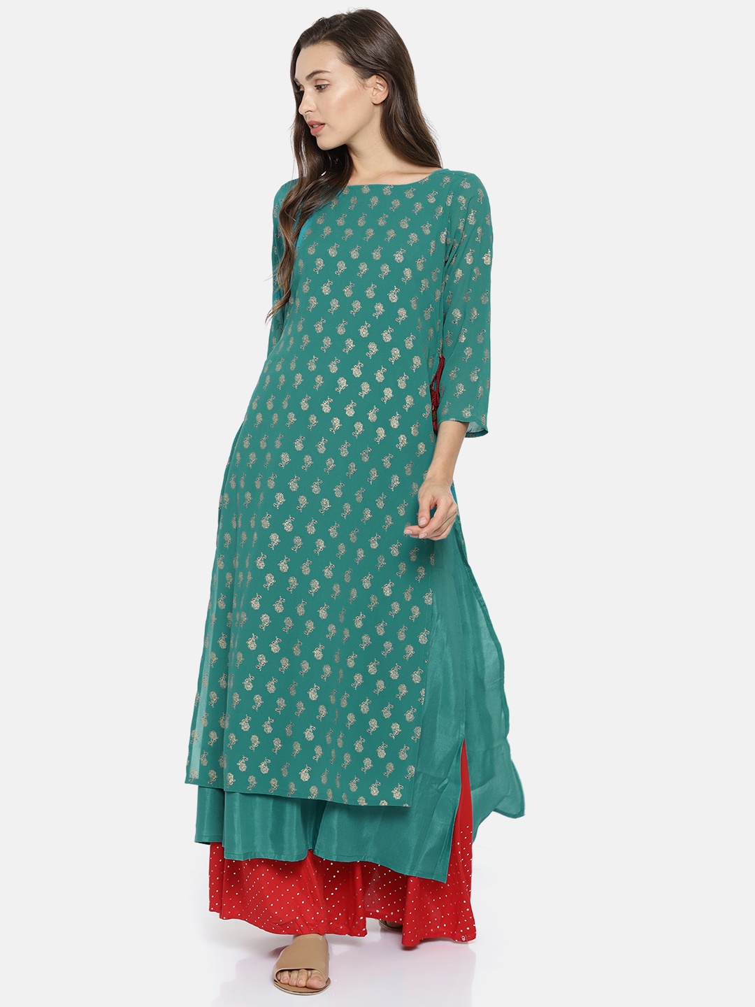 

Global Desi Women Blue Floral Print A-Line Layered Kurta