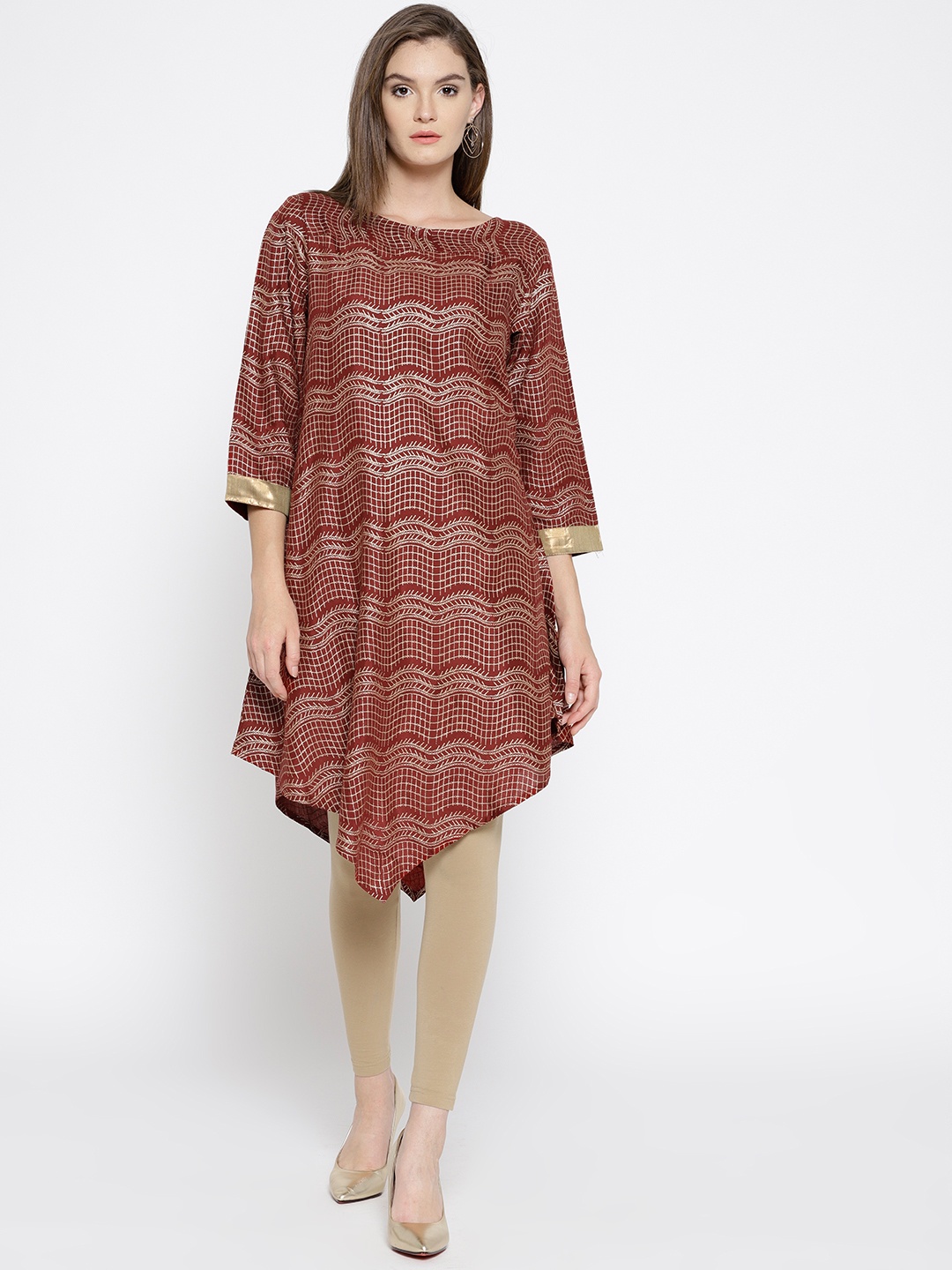 

Global Desi Women Maroon & Golden Printed Asymmetric A-Line Kurta