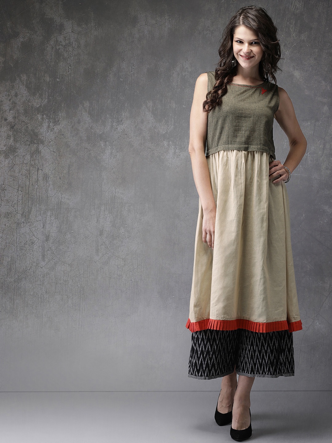 

Anouk Women Beige & Grey Colourblocked A-Line Kurta