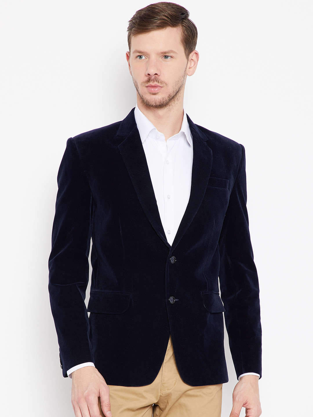 

Shaftesbury London Men Navy Blue Single Breasted Velvet Finish Formal Blazer
