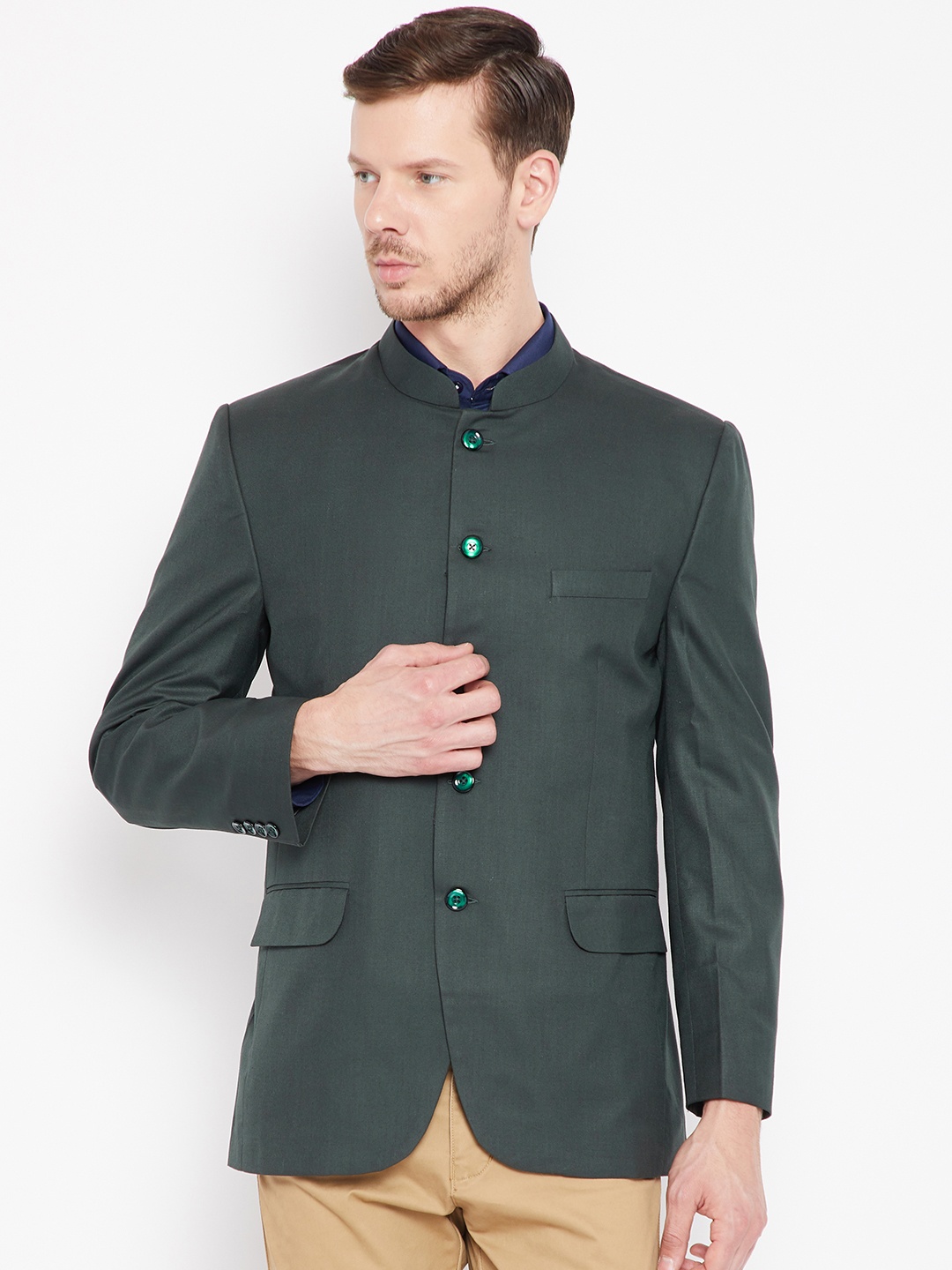 

Shaftesbury London Black Regular Fit Single-Breasted Bandhgala Blazer, Green