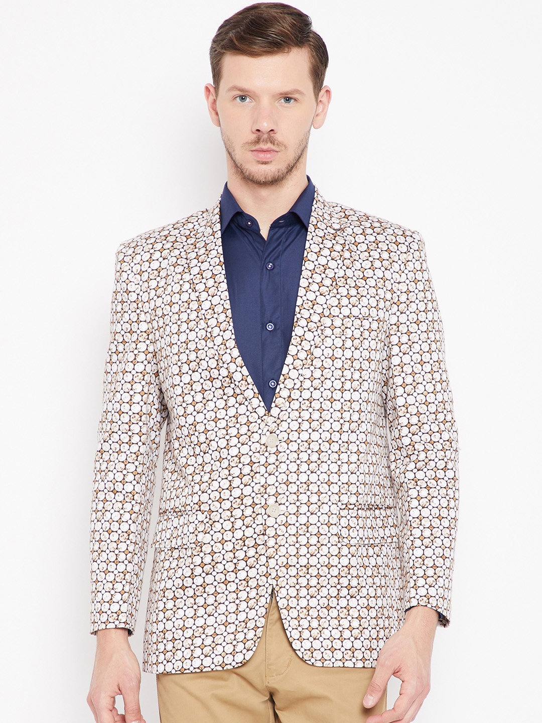 

Shaftesbury London Beige & Brown Printed Regular Fit Single-Breasted Formal Blazer